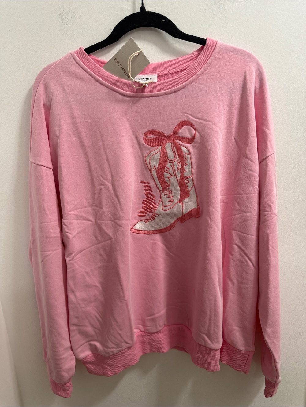 Ee:some Pink embroidered mineral washed bow & boot sweatshirt